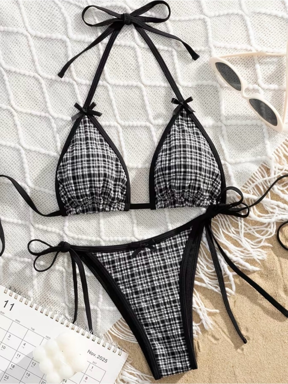 Black Plaid Triangle Halter Side Tie Bikini Set